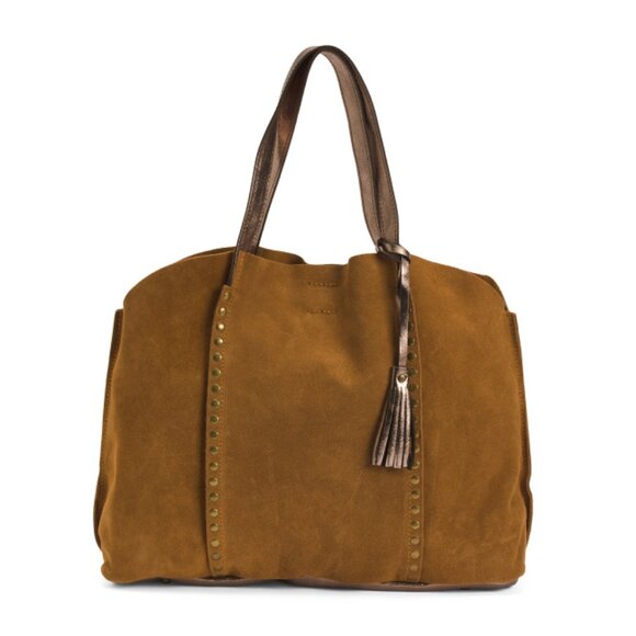 MARLON Beige Made In Italy Suede Studded Slouchy Tote
